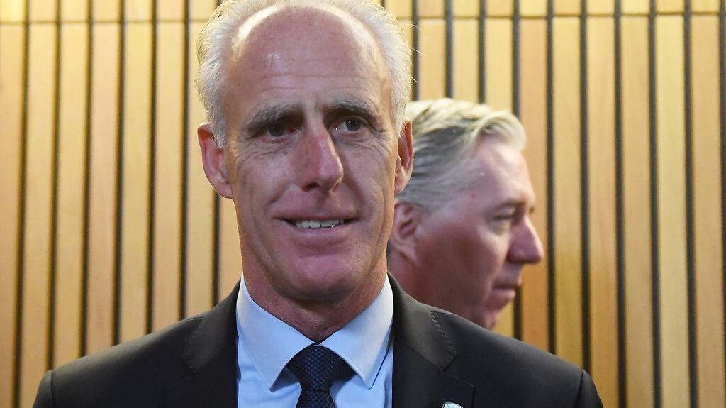 New Republic of Ireland manager Mick McCarthy with FAI chief John Delaney at the Aviva Stadium. “Really it’s going to be about winning games.” Photograph: Clodagh Kilcoyne/Reuters