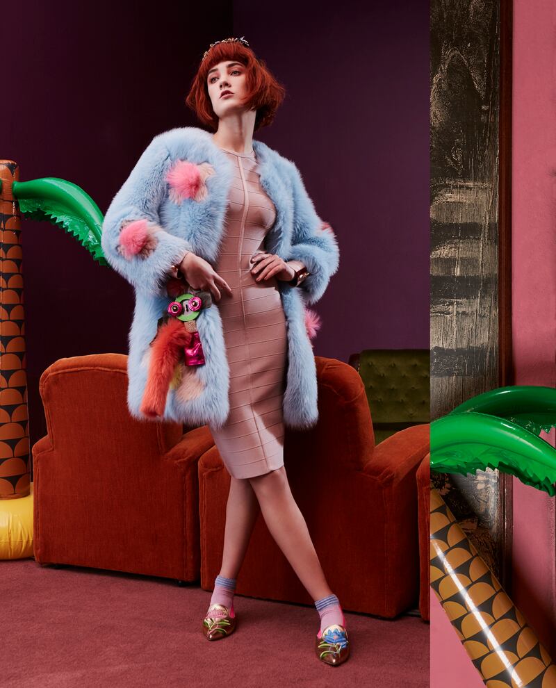 Shearling coat, €900; dress, €160; ankle socks, €10; leather mules, €140; Rousseau night embellished hairband, €110; key ring, €65