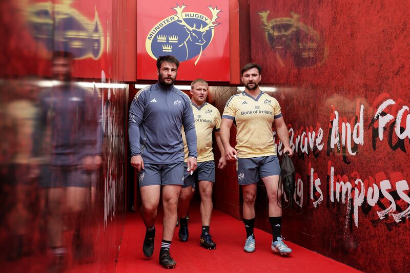 Munster's John Hodnett, John Ryan and Diarmuid Barron at Thomond Park. Photograph: Laszlo Geczo/Inpho