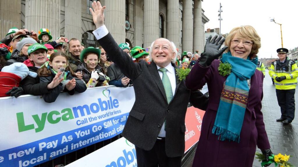 President Michael D.Higgins with his wife Sabina photographed during the St.Patrick's Day Parade in Dublin last Sunday. Photograph: Brenda Fitzsimons /The Irish Times