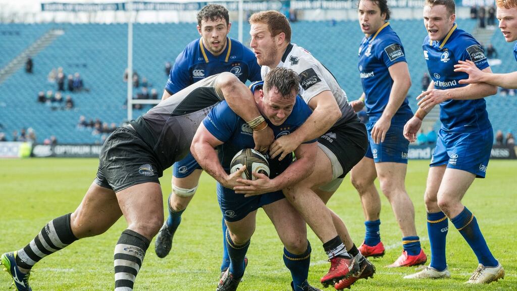 Bryan Byrne scores Leinster’s seventh try in the Guinness Pro 14 game against Zebre at the RDS. Photograph: Morgan Treacy/Inpho