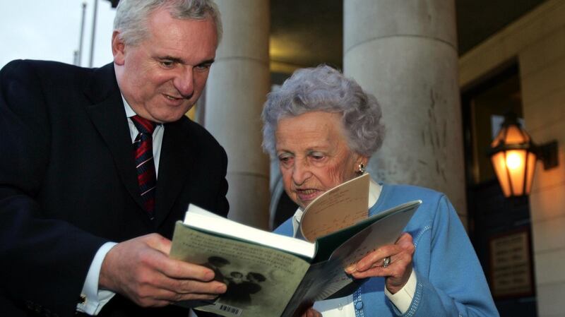 A file image of Máire McSwiney with then taoiseach with Bertie Ahern at the launch of her memoir History’s Daughter. Photograph: Eric Luke/The Irish Times.