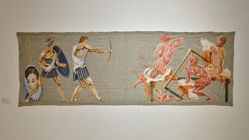 John Kindness, Death of the Suitors, 2013, oil and gesso on linen mangle cloth. Photograph: Ros Kavanagh