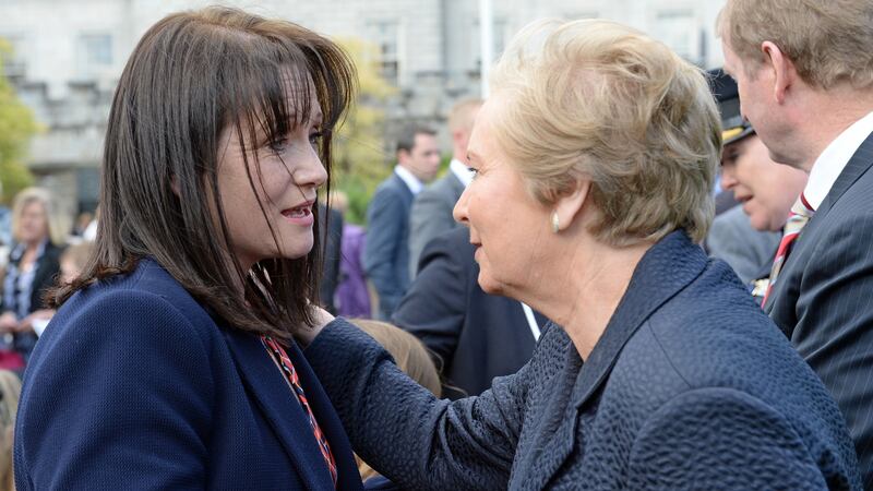 Nicola Golden widow of Garda Tony Golden, with Tánaiste and Minister for Justice and Equality Frances Fitzgerald, at the Annual Garda Memorial Day for members of An Garda Síochána killed in the line of duty, at Dublin Castle. Photograph: Eric Luke / The Irish Times
