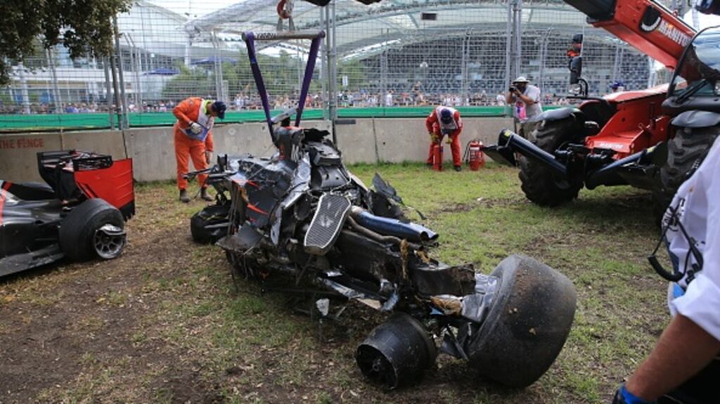 The wreckage of Fernando Alonso’s car after his crash in the Australian Grand Prix. Photograph: Getty