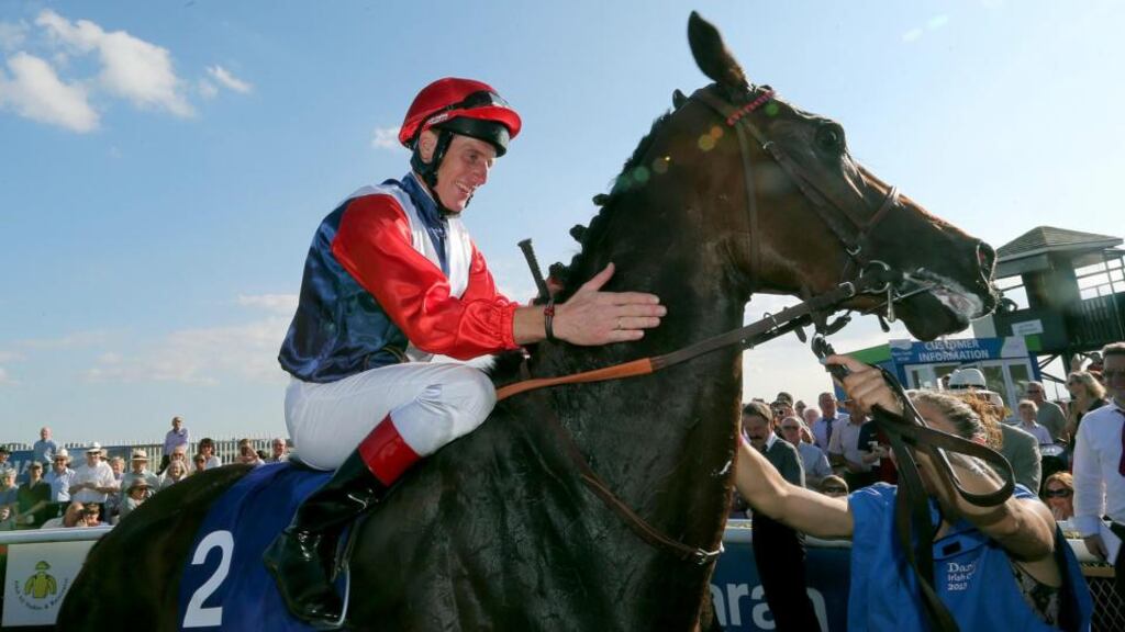 Johnny Murtagh, riding Chicquita, celebrates winning the Irish Oaks at the Curragh last year, the filly’s last run. Photograph: Lorraine O’Sullivan/Inpho