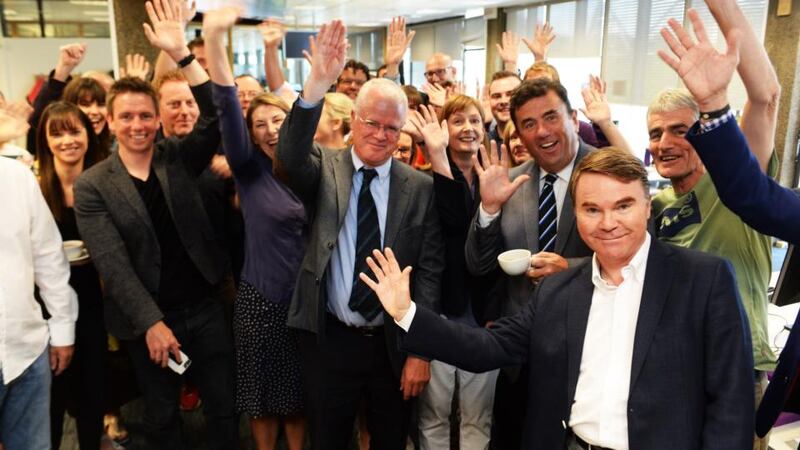 Cathal Mac Coille in the newsroom of RTÉ ‘Morning Ireland’ with colleagues after his last broadcast on RTÉ One. Photograph: Cyril Byrne