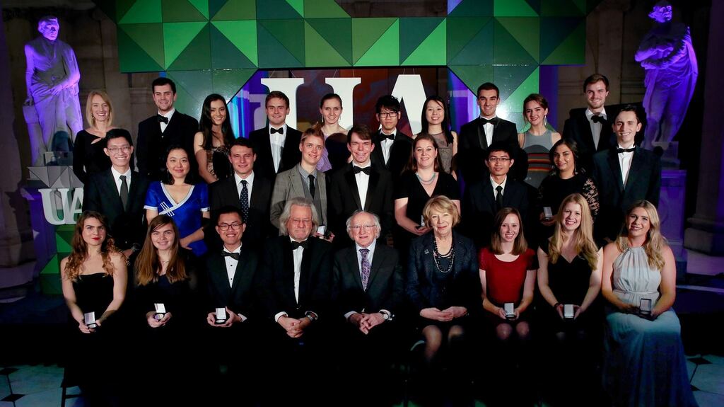 The winning students visited Dublin City Hall on Wednesday where they were presented with a gold medal by summit patron President Michael D Higgins.  The medal, which features Irish designer, artist and architect Eileen Gray, was awarded to the overall winner in each of the competition’s 25 categories. Photograph: Lucy Nuzum