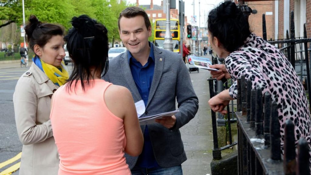 Rafal Kornatka, who is standing as an independent candidate in the local election in Dublin north inner city, canvassing in Gardiner Place. Photograph: Dave Meehan