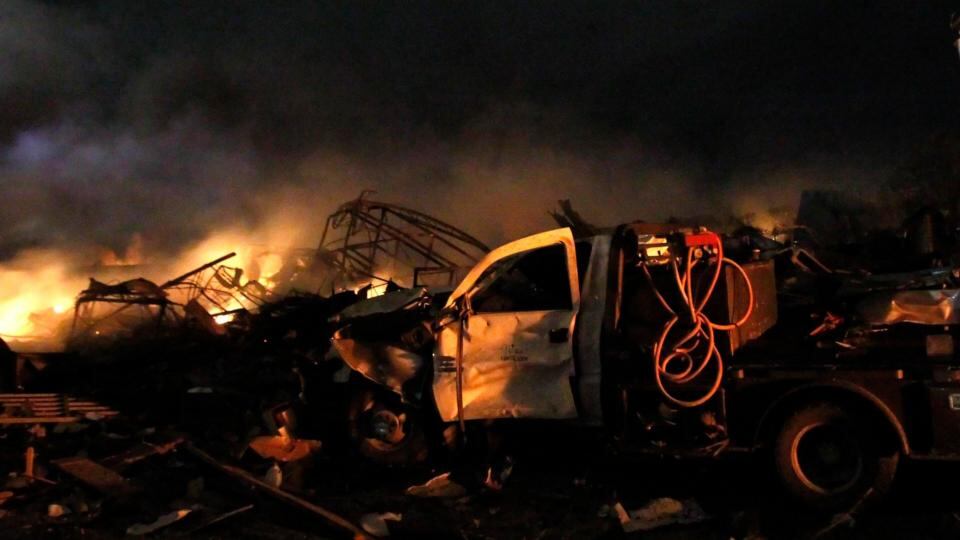 The remains of a fertilizer plant burn after an explosion at the plant in the town of West, near Waco, Texas, this morning. The blast killed several people and injured more than 100. Photograph: Reuters
