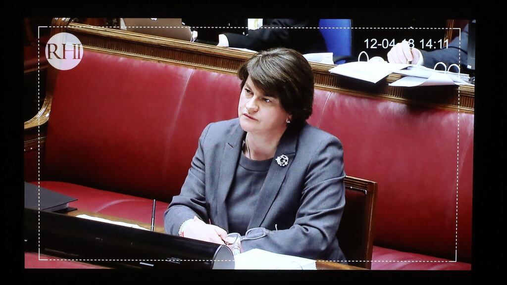DUP leader Arlene Foster appears on a screen during the Renewable Heat Incentive public inquiry at Stormont Parliament Buildings. Photograph: Niall Carson/PA Wire