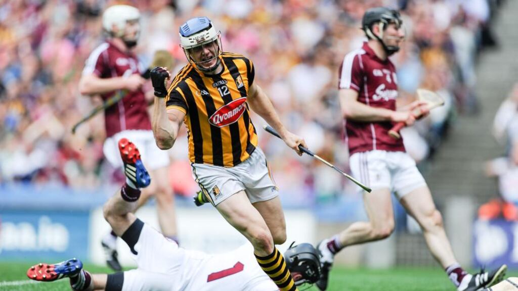 TJ Reid celebrates scoring a goal during the Leinster SHC Final against Galway. Photograph: Tommy Grealy/Inpho