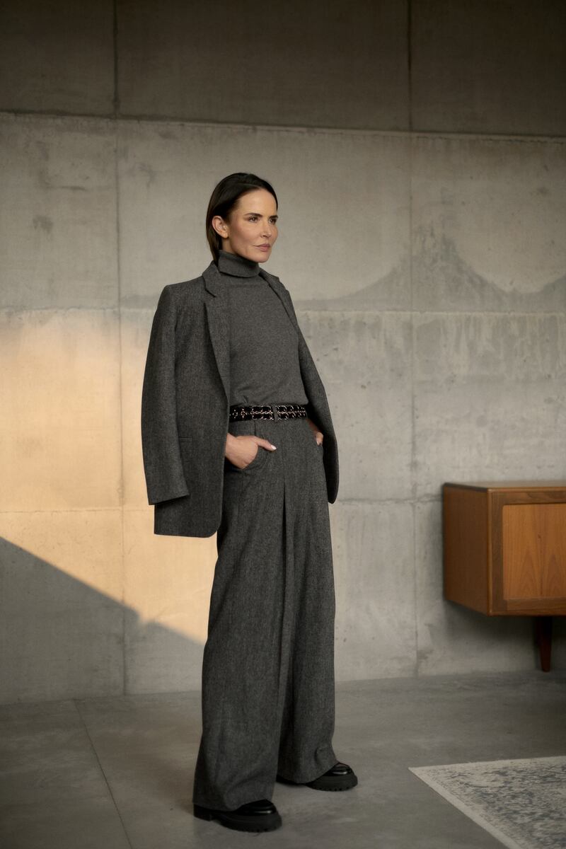 Charcoal grey blazer €345, grey trousers €255 and grey cashmere jumper €250, all Helen McAlinden