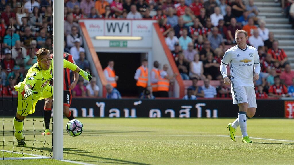 Manchester United’s Wayne Rooney scores their second goal against Bournemouth. Photo: Hannah McKay/Reuters