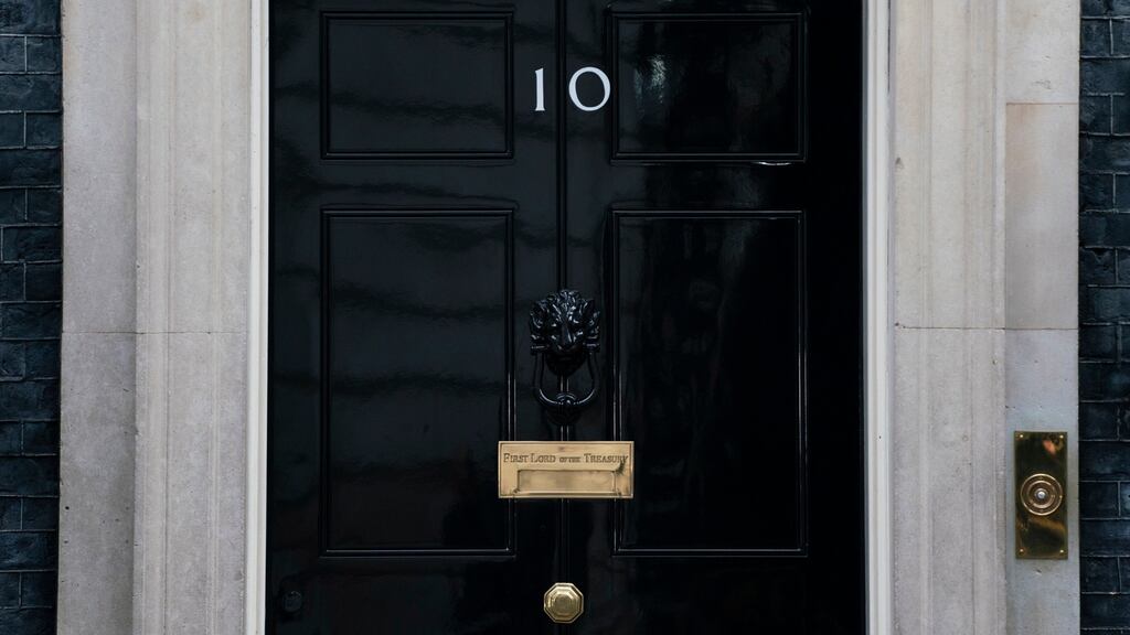 Exterior view of the 10 Downing Street, on Monday morning. British prime Minister Boris Johnson has been admitted to hospital 10 days after being tested positive for coronavirus. Photograph: Will Oliver/EPA