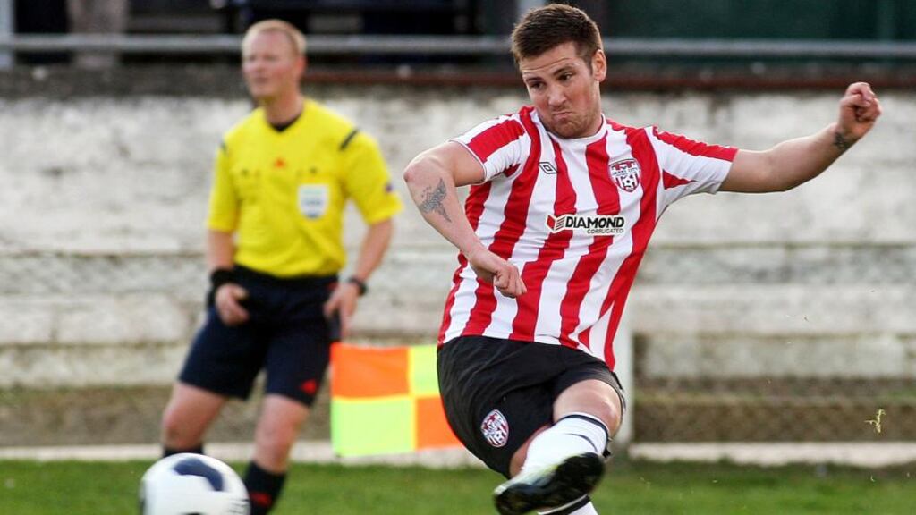 Derry’s Patrick McEleney opens the scoring at the Brandywell. Photograph: Lorcan Doherty/Inpho