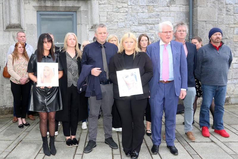Siblings Meagan and Kate Johnston (left and centre) with their parents James and Carol Johnston, and Damien Tansey SC, who represented the family, at Limerick Coroner’s Court. Photograph: Brendan Gleeson