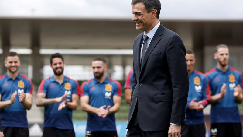 New Spanish prime minister Pedro Sánchez visits Spain’s national soccer team players during a World Cup training session at Las Rozas sports facilities in Madrid, Spain, June 5th, 2018. Photograph: Javier Lizon/EPA