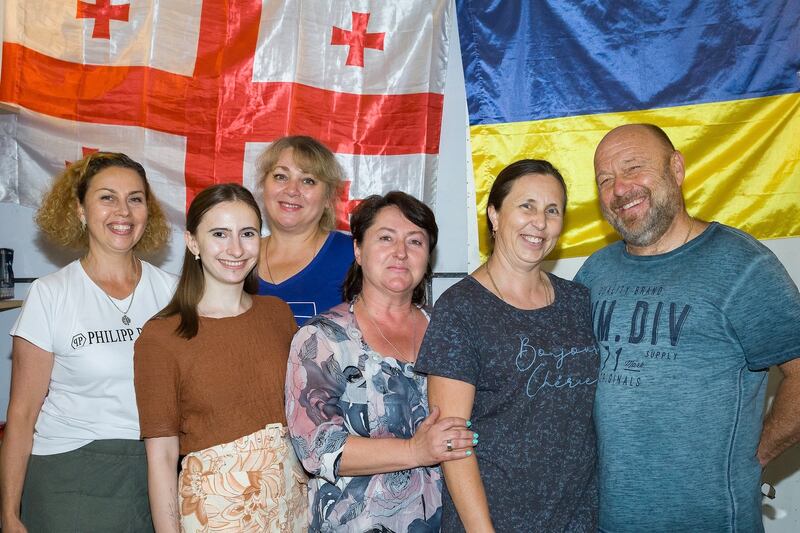 Russian citizen Elizaveta Pakhomova (second left) with Ukrainian volunteers from the Tvoia Ukraina (Your Ukraine) group that helps Ukrainian refugees in Tbilisi, Georgia. Photograph courtesy of Tvoia Ukraina.