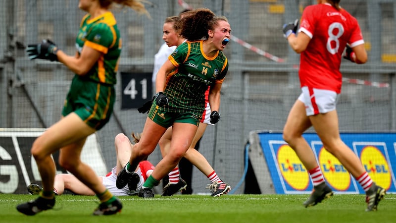 Emma Duggan celebrates scoring a late goal to force extra-time in the TG4 All-Ireland semi-final against Cork at Croke Park. Photograph: Ryan Byrne/Inpho