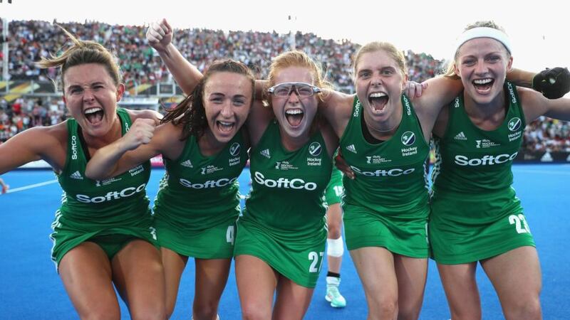 Ireland players Nikki Evans, Yvonne O'Byrne, Zoe Wilson, Katie Mullan and Hannah Matthews celebrate the victory over India. Photograph: Christopher Lee/Getty Images
