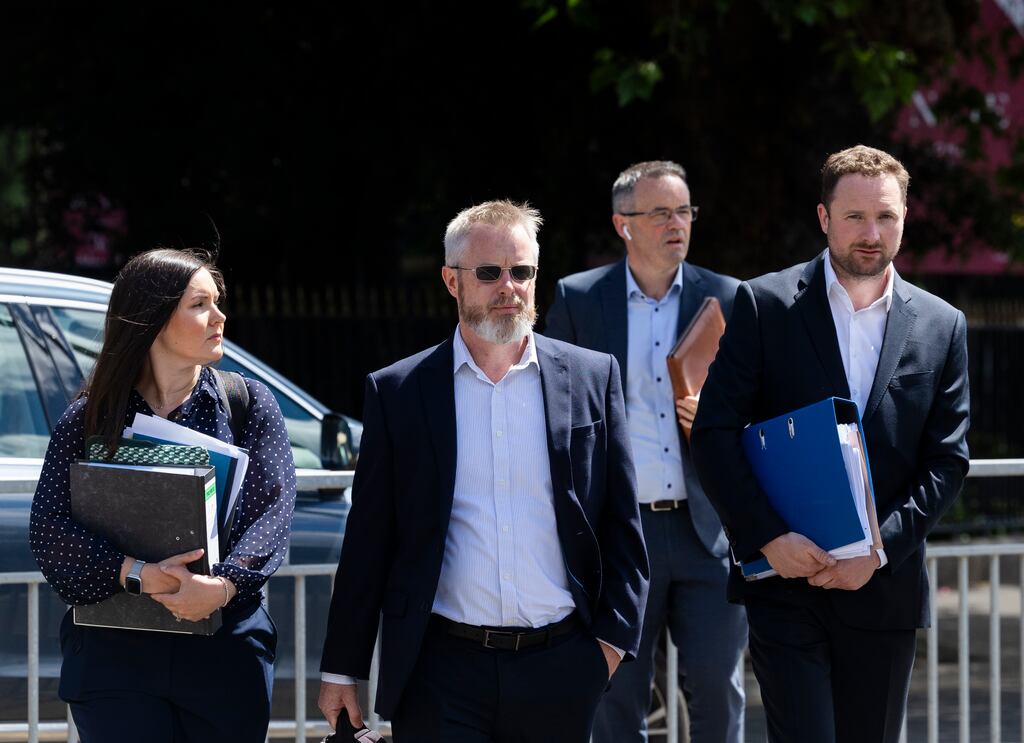 Irish Airline Pilots' Association leader Capt Mark Tighe with the union's delegation on the way into the Labour Court for talks on its dispute with Aer Lingus. Photograph: Sam Boal/Collins