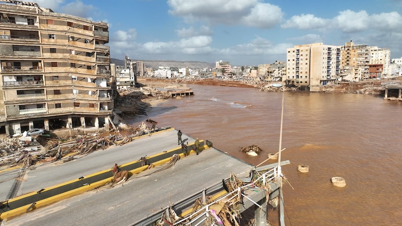 A collapses motorway and bridge in Derna. Photograph: Jamal Alkomaty/AP
