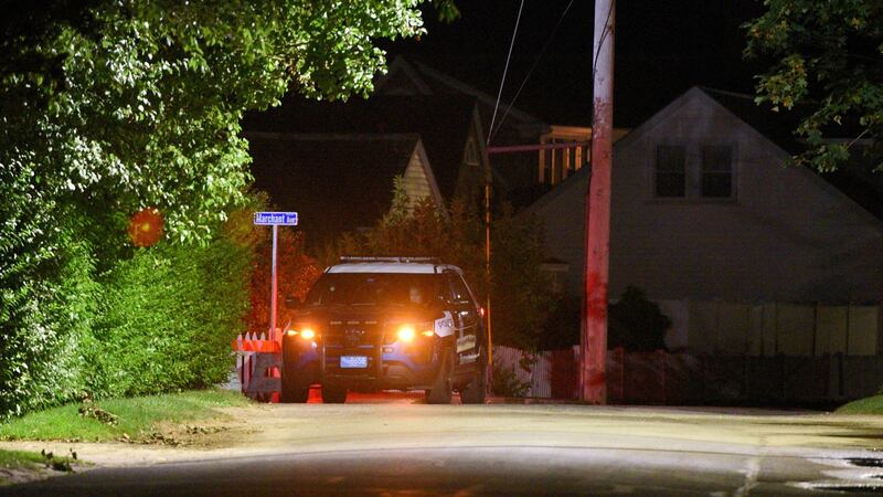A Barnstable Police cruiser sits at the top of Marchant Avenue as police investigate the death of Saoirse Kennedy Hill. Photograph: Reuters