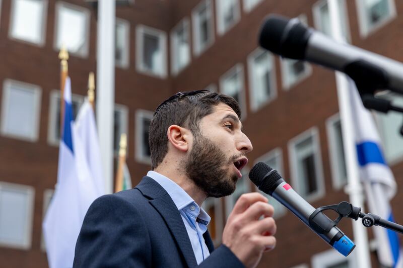 Chief rabbi of Ireland, Yoni Wieder, addresses the public at the memorial vigil outside the Israeli embassy in Dublin. Photograph: Tom Honan
