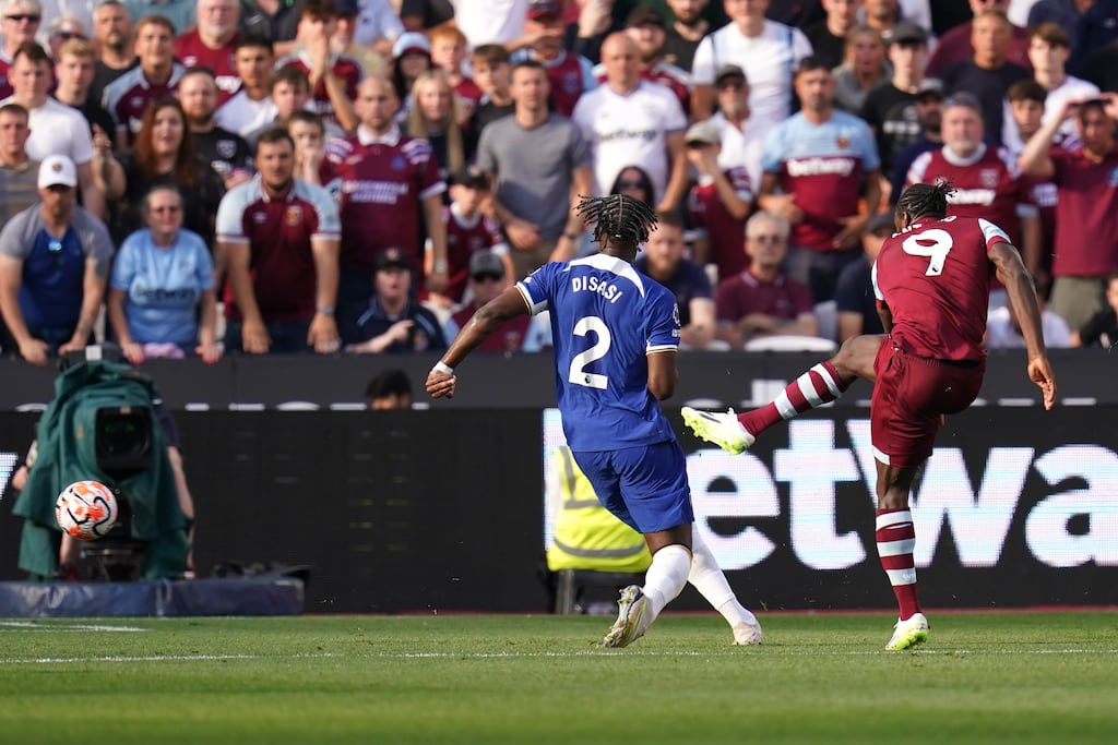 West Ham United's Michail Antonio scores his team's second goal against Chelsea at the London Stadium. Photograph: John Walton/PA