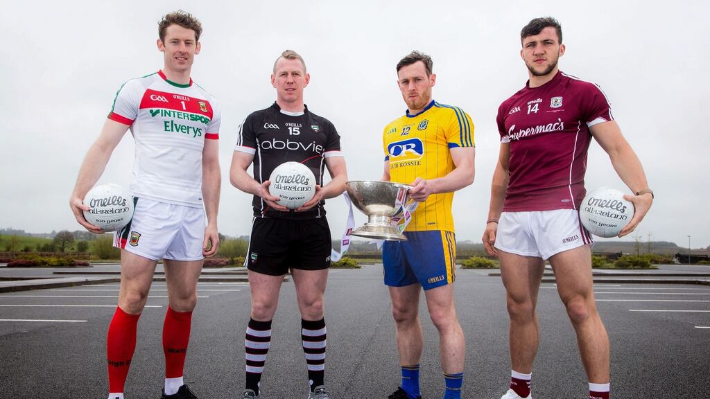 Mayo’s David Clarke, Sligo’s Adrian Marren, Roscommon’s Conor Devaney and Galway’s Damien Comer at the Connacht championship launch in Claremorris. Photograph: Bryan Keane/Inpho
