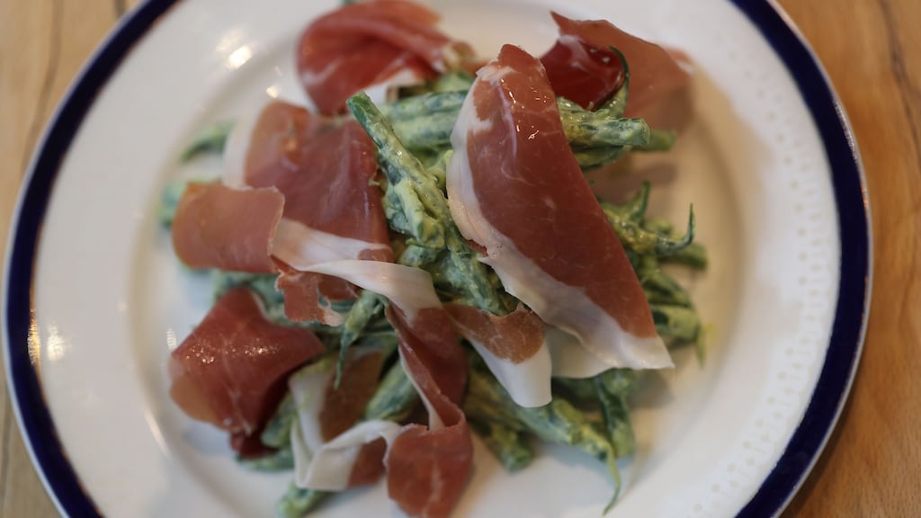 French beans, Parma ham, green goddess dressing. Photograph: Nick Bradshaw