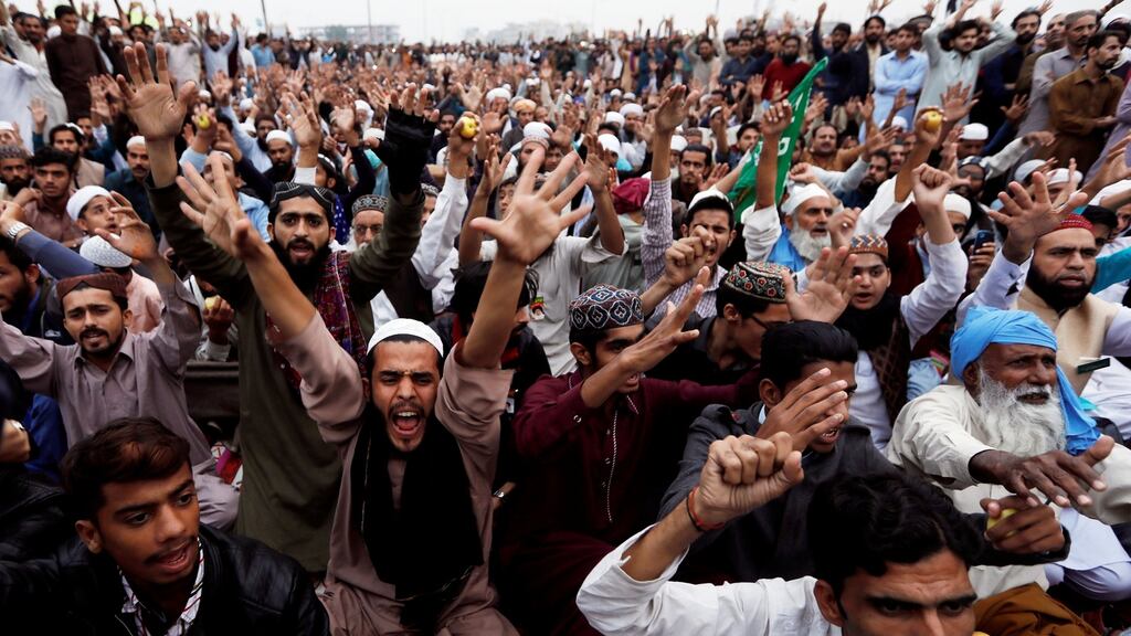 Supporters of the Tehreek-e-Labaik Pakistan Islamist political party chant slogans after the supreme court overturned the conviction of a Christian woman sentenced to death for blasphemy. Photograph: Faisal Mahmood/Reuters