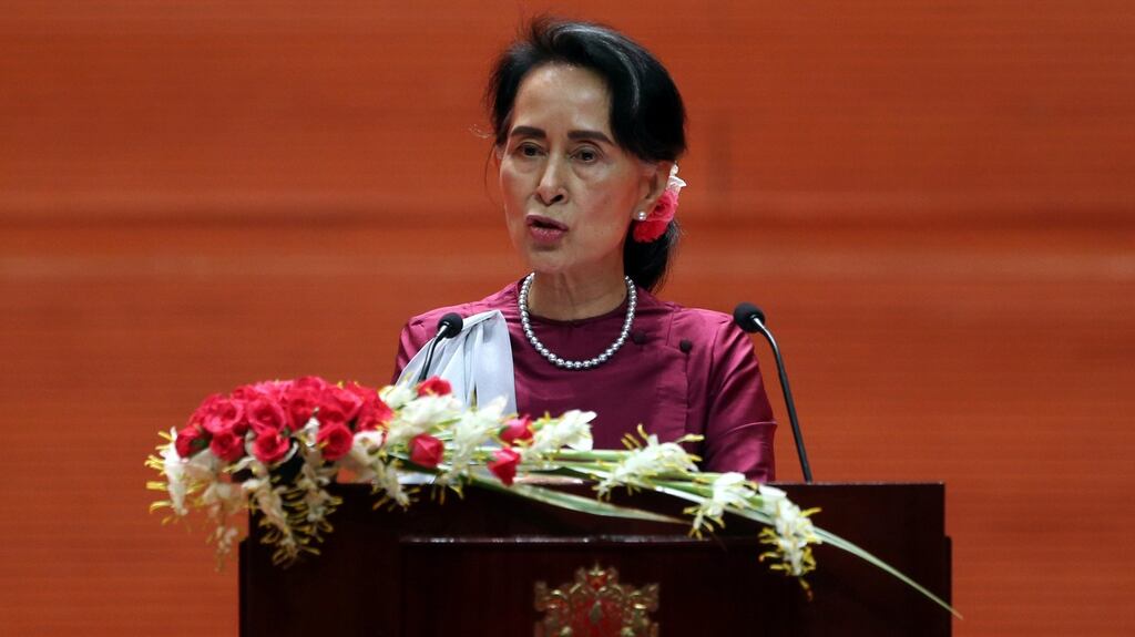 Aung San Suu Kyi delivers a televised speech to the nation at the Myanmar International Convention Centre in Naypyitaw, Myanmar in September. Photograph: Aung Shine Oo/AP