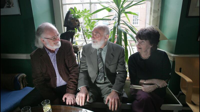 Poet Thomas Kinsella (centre) with Evan Boland and John F Deane at the Gate Theatre’s green room. Photograph: Brenda Fitzsimons