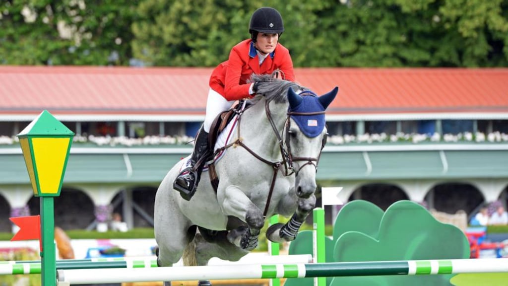 Jessica Springsteen of the US team on Cynar V. Her father Bruce is expected to turn up at the RDS this week for the showjumping. Photograph: Eric Luke