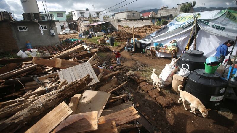 A child plays near a makeshift tent after his family’s home was damaged in an earthquake, in San Simon el Alto, Mexico September 23rd, 2017. Photograph: Edgard Garrido/Reuters