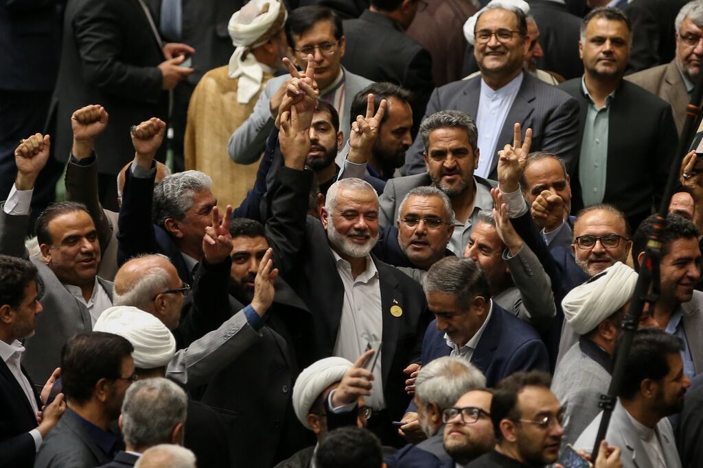 Ismail Haniyeh just hours before he was assassinated. Senior Hizbullah commander Fuad Shukr was also assassinated in a separate act. How Iran and the Lebanese Shia militia respond could plunge the entire region into all-out war. Photograph: Arash Khamooshi/New York Times