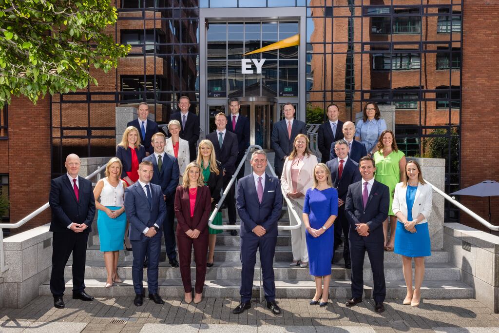 Pictured alongside Frank O’Keeffe, EY Ireland managing partner, middle, and Colin Ryan, EY Ireland FSO managing partner, bottom second right are EY Ireland’s 22 new equity partners