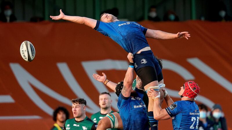 Leinster’s Ross Molony rises high to win a lineout against Connacht in the Guinness Pro14 Rainbow Cup clash at The Sportsground in Galway. Photograph: Bryan Keane/Inpho
