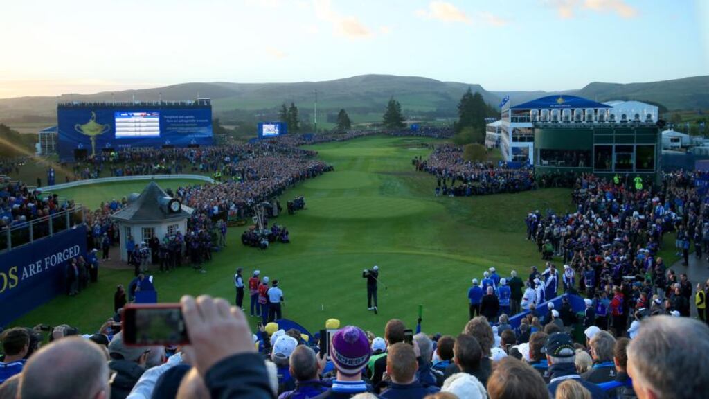 The USA’s Webb Simpson on the first tee during day one of the 40th Ryder Cup at Gleneagles Golf Course, Perthshire. Photograph: Lynne Cameron/PA.
