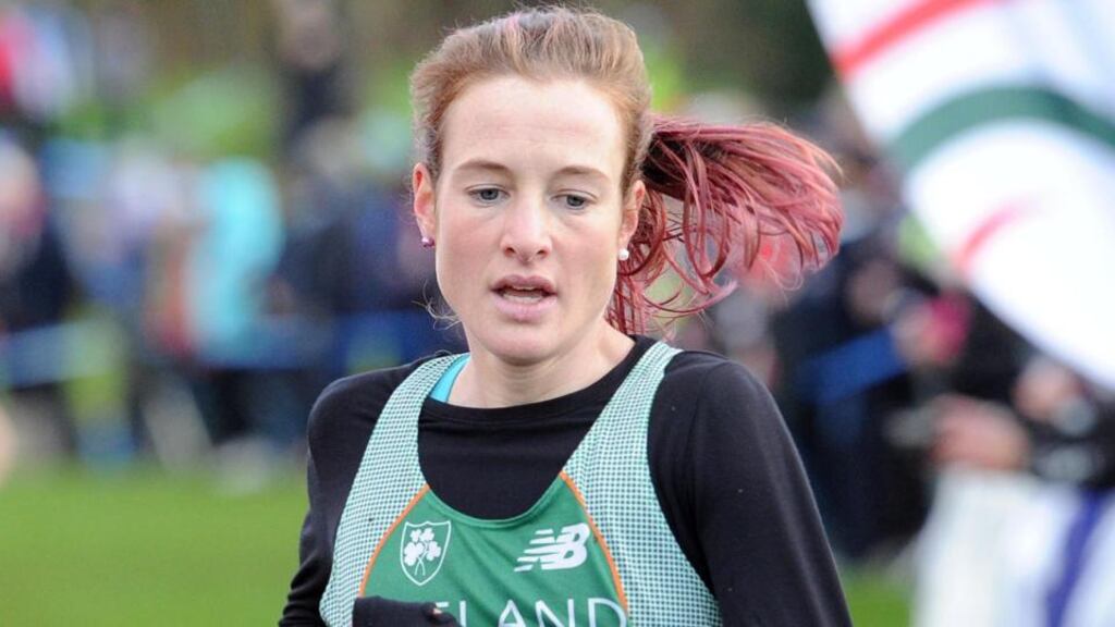 Ireland’s Fionnuala Britton comes in to finish fourth in the women’s international race at the 2014 Antrim IAAF International Cross Country at Greenmount Campus, Belfast. Photograph:
Declan Roughan/Presseye/Inpho