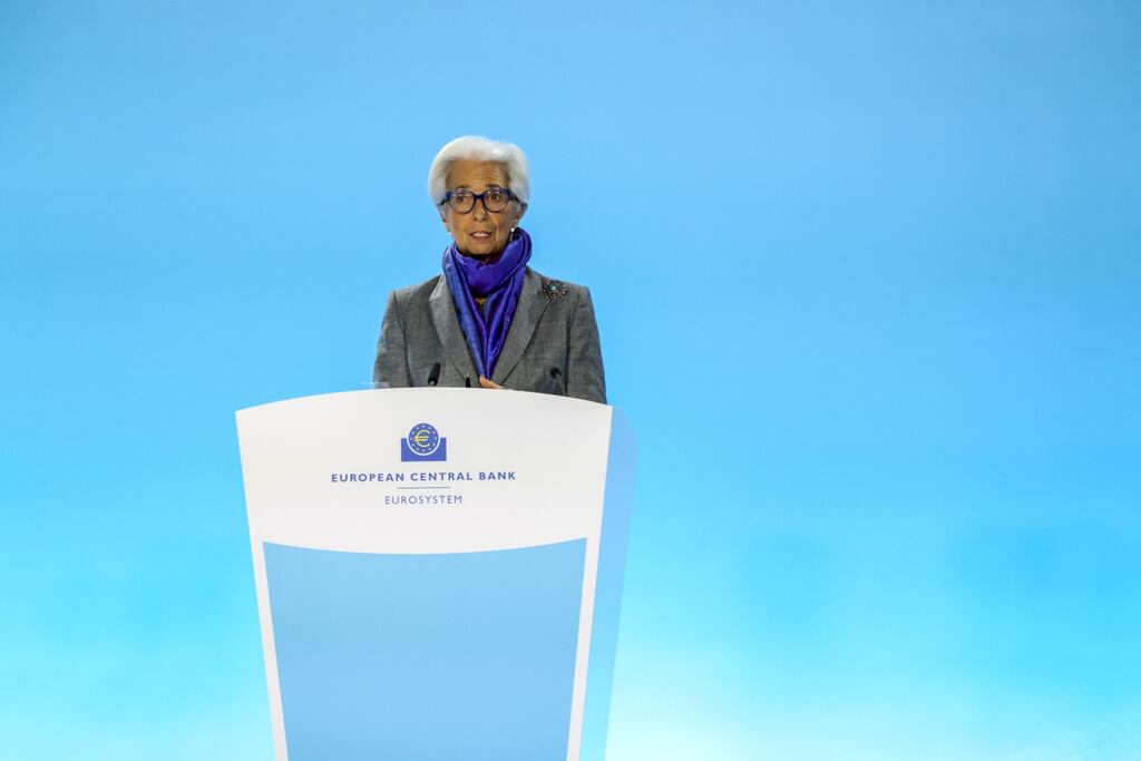 ECB president Christine Lagarde speaking after the bank issued forecasts that reflect its metamorphosis from inflation sceptic to inflation realist. Photograph: Alex Kraus/Bloomberg