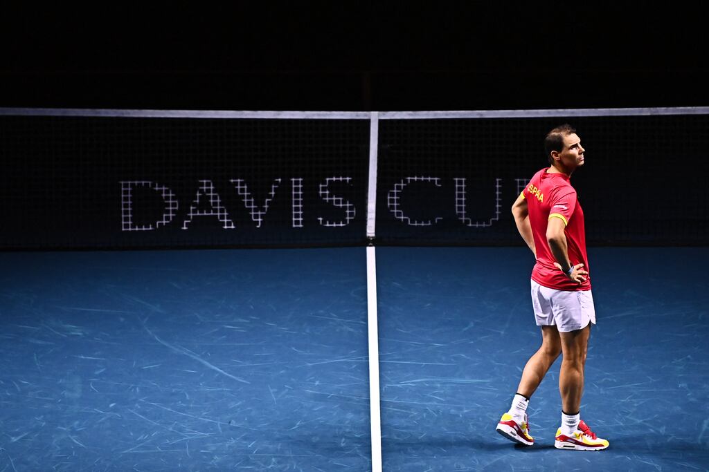 Rafael Nadal attends a tribute to his career at the end of the quarter-final doubles match between Spain and the Netherlands during the Davis Cup Finals at the Palacio de Deportes Jose Maria Martin Carpena arena in Málaga on Tuesday night. Photograph: Jorge Guerrero/AFP via Getty Images