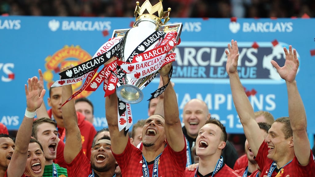 Manchester United’s Rio Ferdinand lifts the Premier League trophy on May 12th, 2013 – the last time they were champions. Photograph: Andrew Yates/AFP/Getty Images