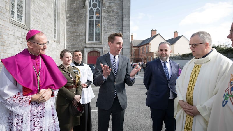 Ryan Tubridy chats to Bishop Fintan Monahan, Taoiseach’s aide-de-camp Comdt Caroline Burke, John McMahon, Late Late Show, and Fr Tom Ryan at the Mass of Remembrance and Celebration for Laura Brennan at Ennis Cathedral on Wednesday. Photograph: Eamon Ward