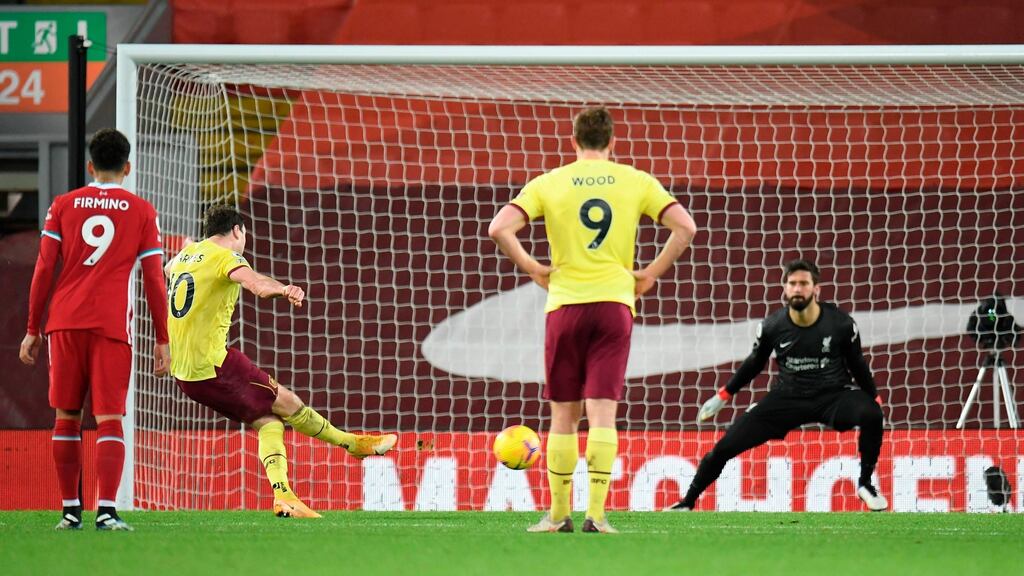 Burnley’s Ashley Barnes scores from the penalty spot in their 1-0 Premier League win over Liverpool. Photo: Peter Powell/AFP via Getty Images