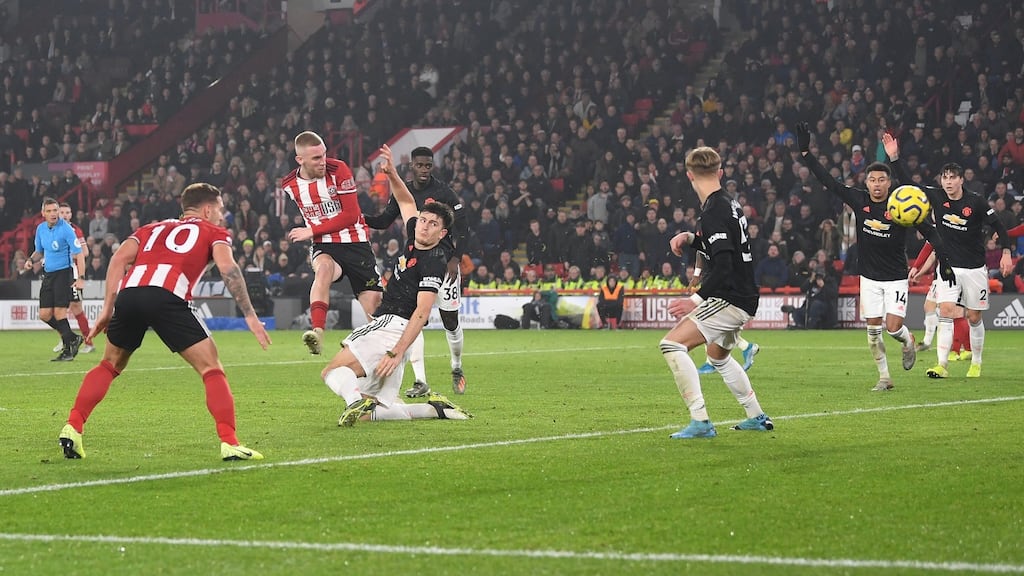 Oli McBurnie scores  Sheffield United’s third goal during the Premier League match against Manchester United at Bramall Lane. Photograph: Michael Regan/Getty Images