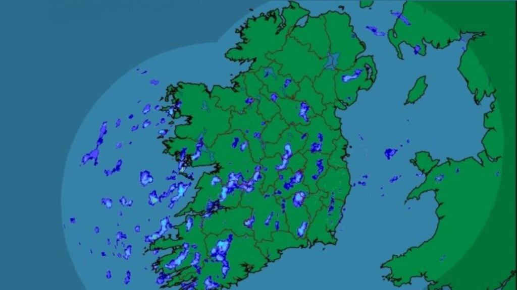 A radar image showing rainfall over Ireland at 4pm today. Image: Met Éireann