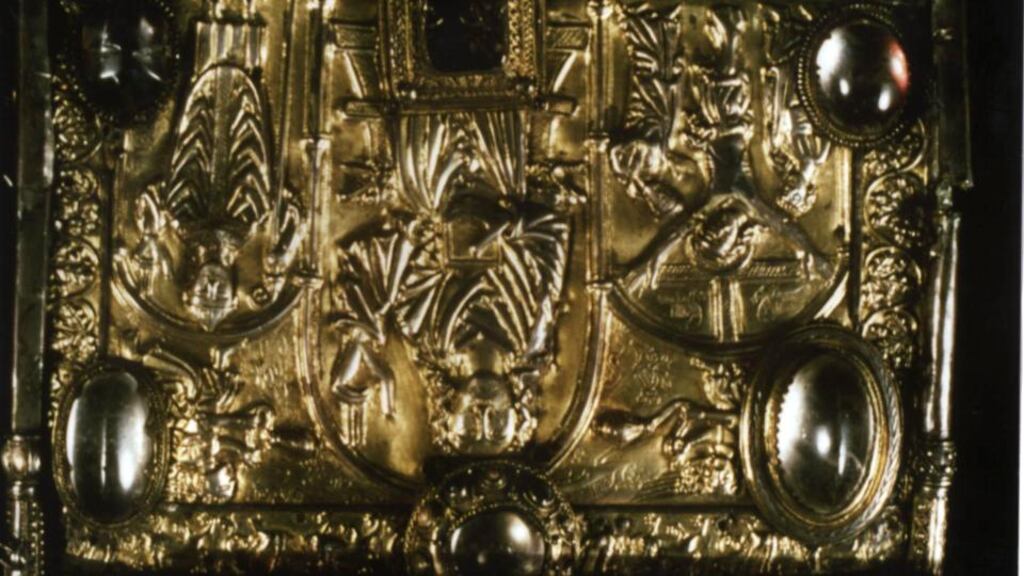 Creators and consensus: detail of the shrine of the Cathach, which is the oldest extant Irish illuminated manuscript and the earliest example of Irish writing. It is traditionally accepted as the psalter which St Columba copied from St Finian. This led to King Diarmaid’s famous judgment in favour of St Finian – “To every cow, its calf; to every book, its copy”; to the Battle of Cúl Dreimhne in 561; and to St Columba’s exile in Scotland. Photograph: National Museum of Ireland